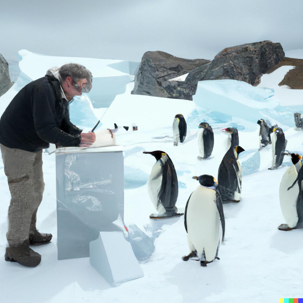 Um professor na Antártida ensinando algoritmos acompanhado de vários pinguins.