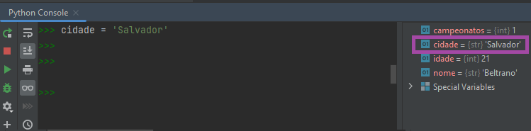 Variável `cidade` agora mostra o valor `Salvador` no PyCharm.