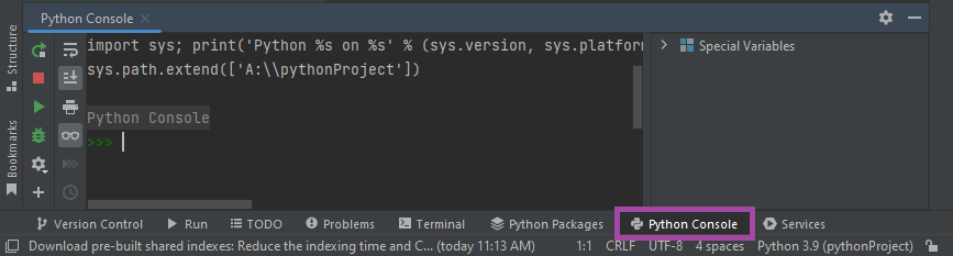 Botão 'Python Console' realçado dentro do PyCharm