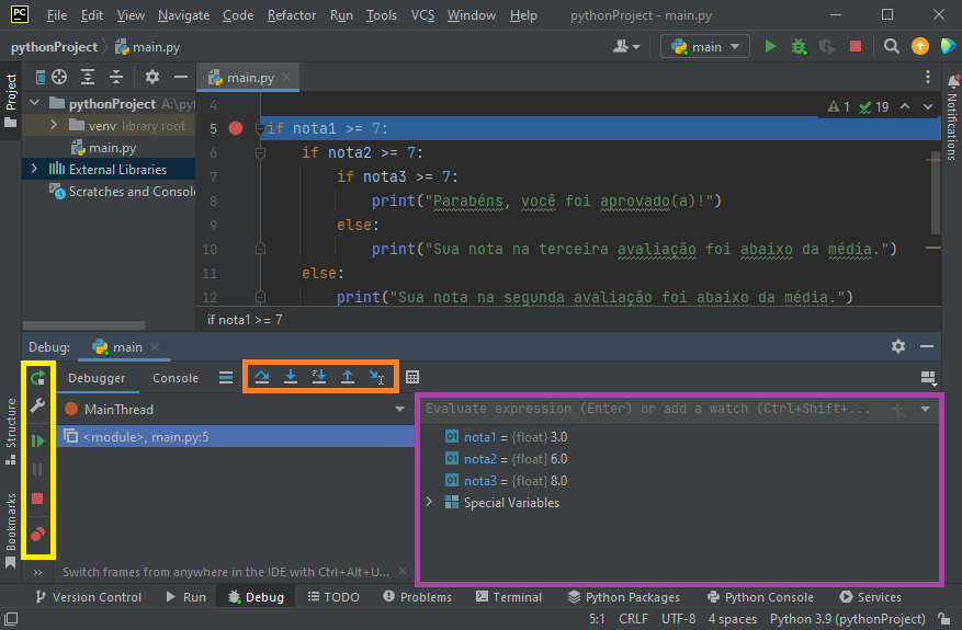 O debugger está visível na parte inferior da tela. Aparecem os valores das variáveis digitadas e um conjunto adicional de botões na parte inferior da tela.