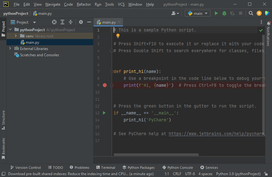 Tela inicial do PyCharm