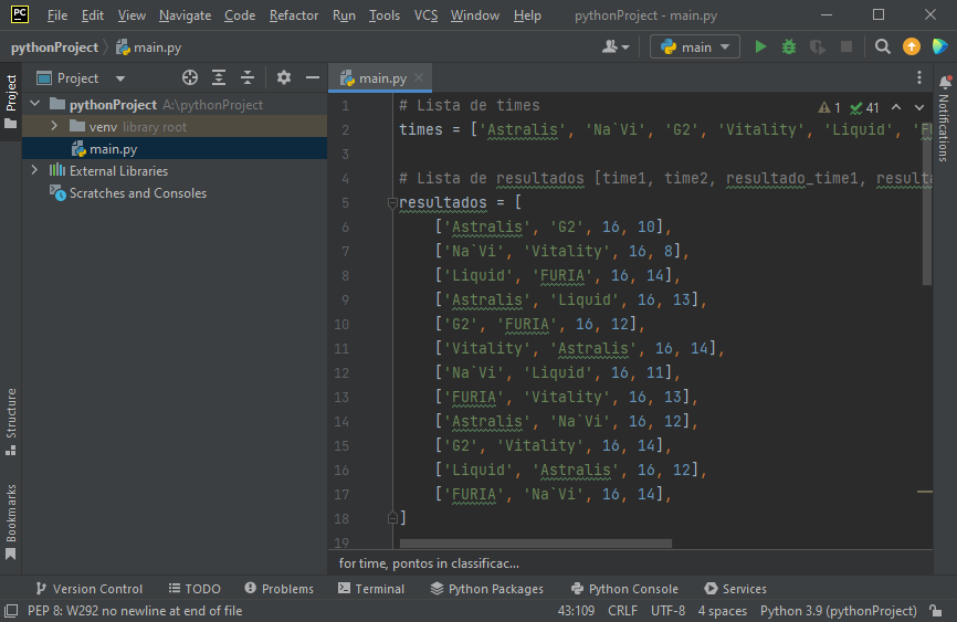 Tela inicial do PyCharm com o nosso código-fonte adicionado