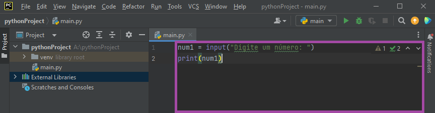 O algoritmo visto anteriormente deve estar agora dentro da tela 'main.py'.