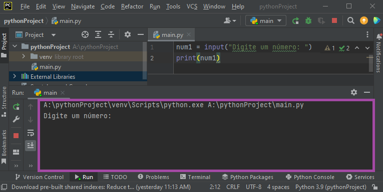 PyCharm aberto. Aparece a frase 'Digite um número' na tela, indicando que o Python está esperando o usuário digitar algo.